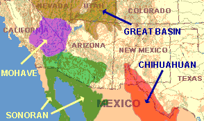 Map showing Great Basin, Mohave, Sonoran & Chihuahuan Deserts