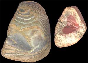 banded chert on the left, a chert  concretion with an iron oxide core on the right