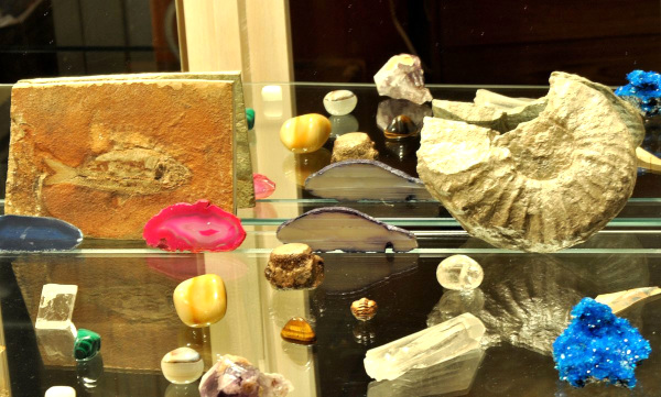 Back row, left to right: Agate, Fish fossil, two agates, ammonite fossil; Middle row: Calcite, malachite, two Onyxs, Mosasaur vertebra, Tiger's Eye, Trilobite fossil, two quartz crystals; Bottom row: Ulexite, Amethyst, lab-grown Copper(II) sulfate; image courtesy of 'The High Fin Sperm Whale'